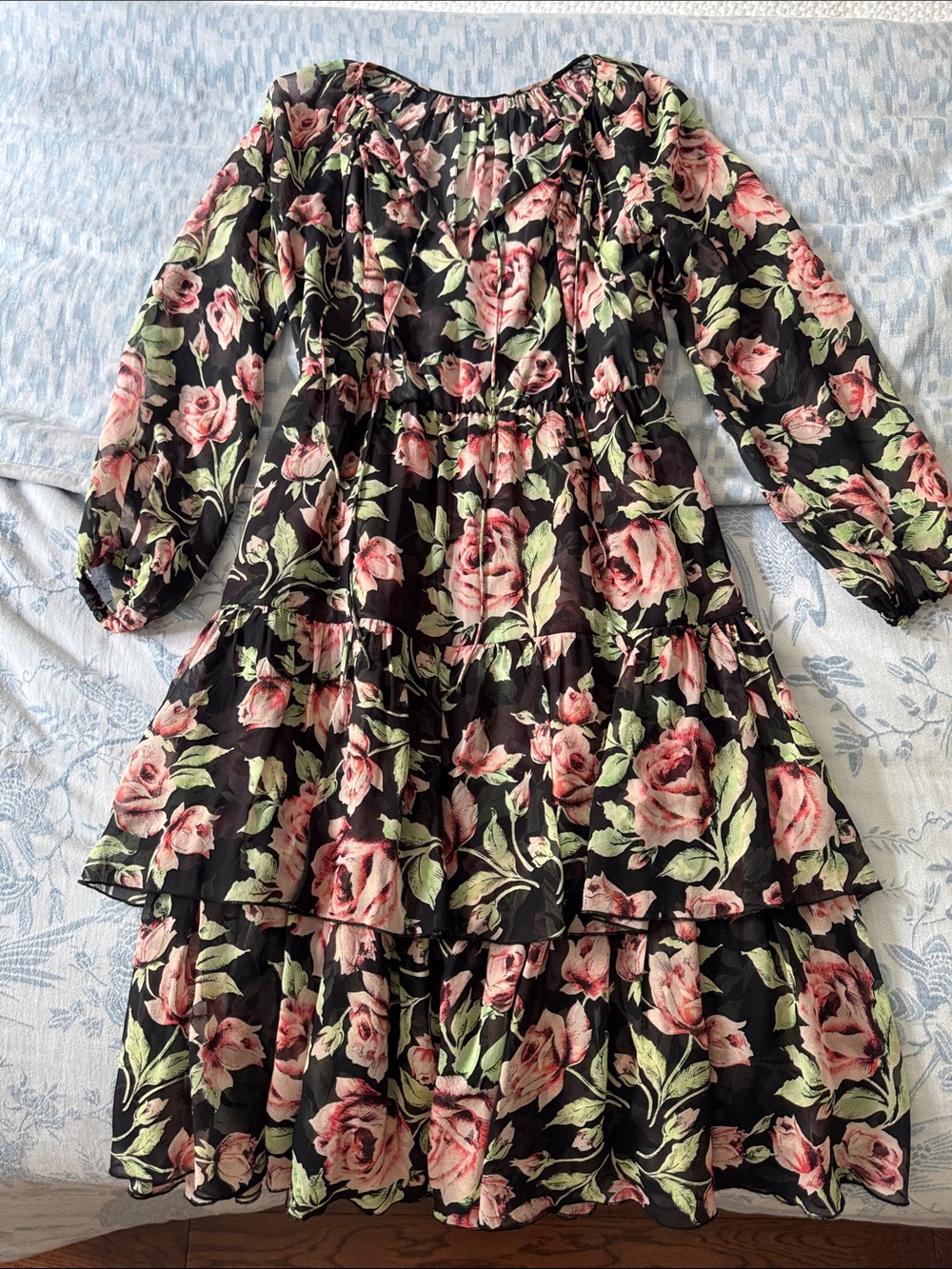 Kooples' Black Floral Tiered Dress with Pink Roses